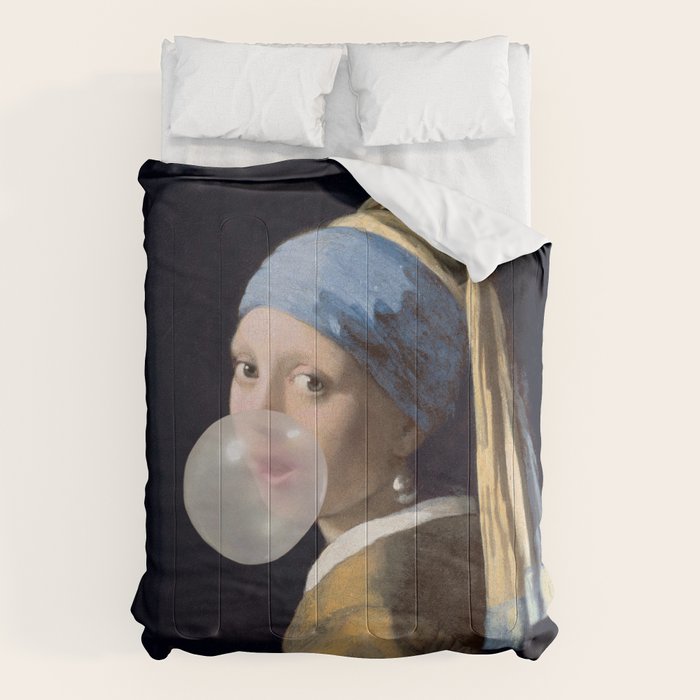 Girl with pearl earring blowing bubble gum Comforter Gallery Image 1