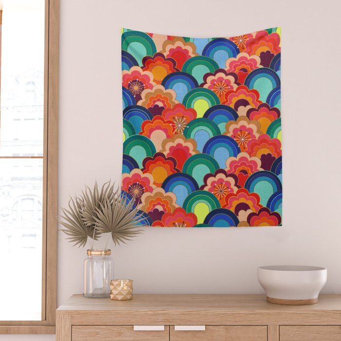 70s rainbow flowers sunset colors Wall Tapestry Gallery Image 2