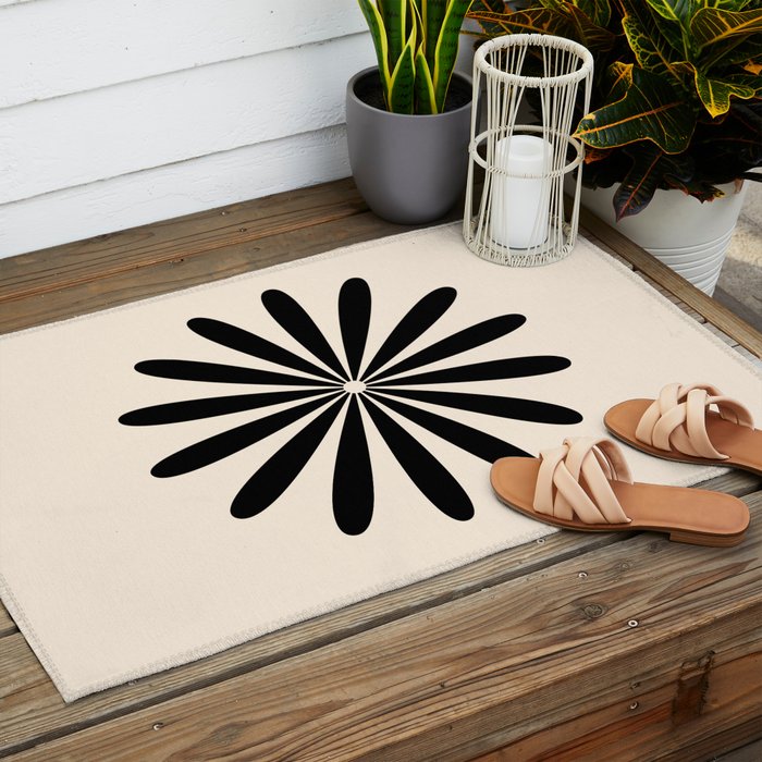Big Daisy Retro Minimalist Black and Almond Cream Outdoor Rug Gallery Image 2
