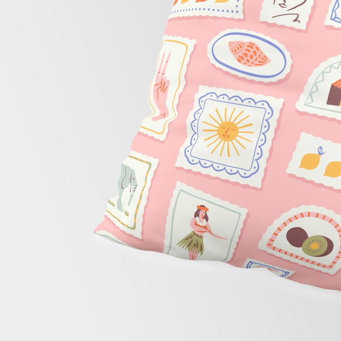 Vintage summer travel postage stamp pattern Pillow Sham Gallery Image 4