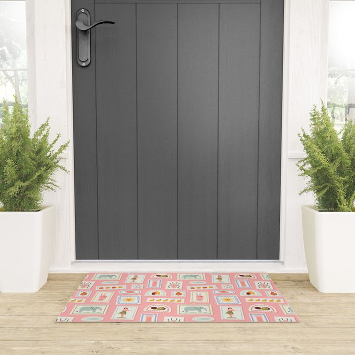 Vintage summer travel postage stamp pattern Welcome Mat Gallery Image 3