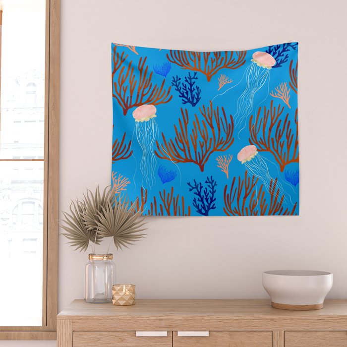 Jellyfish and Coral-Blue Wall Tapestry Gallery Image 2