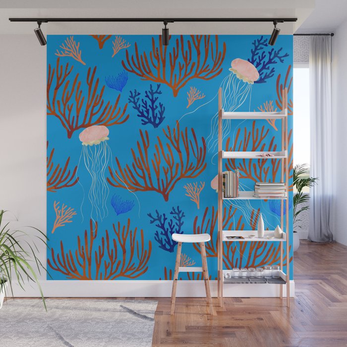 Jellyfish and Coral-Blue Wall Mural Gallery Image 1