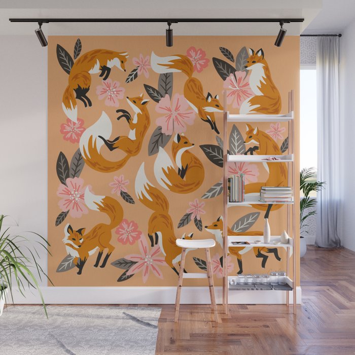 Foxes & Blooms - Melon Palette Wall Mural Gallery Image 1