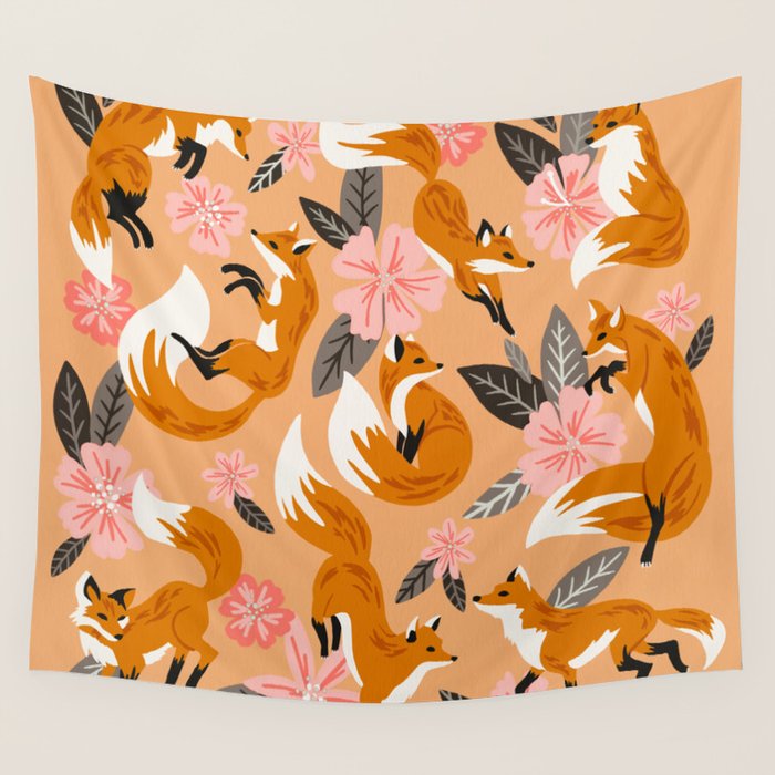 Foxes & Blooms - Melon Palette Wall Tapestry Gallery Image 4