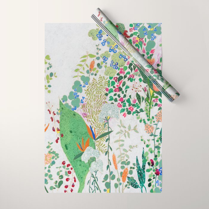 Painterly Floral Jungle on Pink and White Wrapping Paper Gallery Image 1
