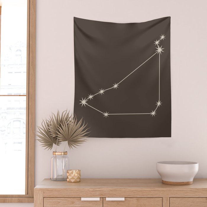 Capricorn Zodiac Star Constellation Line Art Coffee Brown Wall Tapestry Gallery Image 2