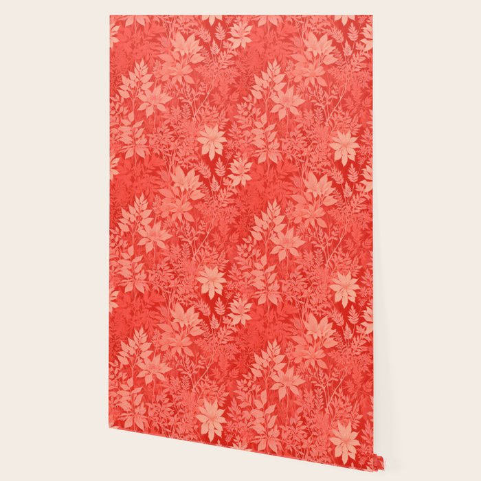 Passion Forest, Red Botanical Maximalist Bold, Nature Plants Jungle Fern Plants, Eclectic Bohemian Boho Vintage Modern, Illustration Leaves Warm Intricate Drawing Wallpaper Gallery Image 2