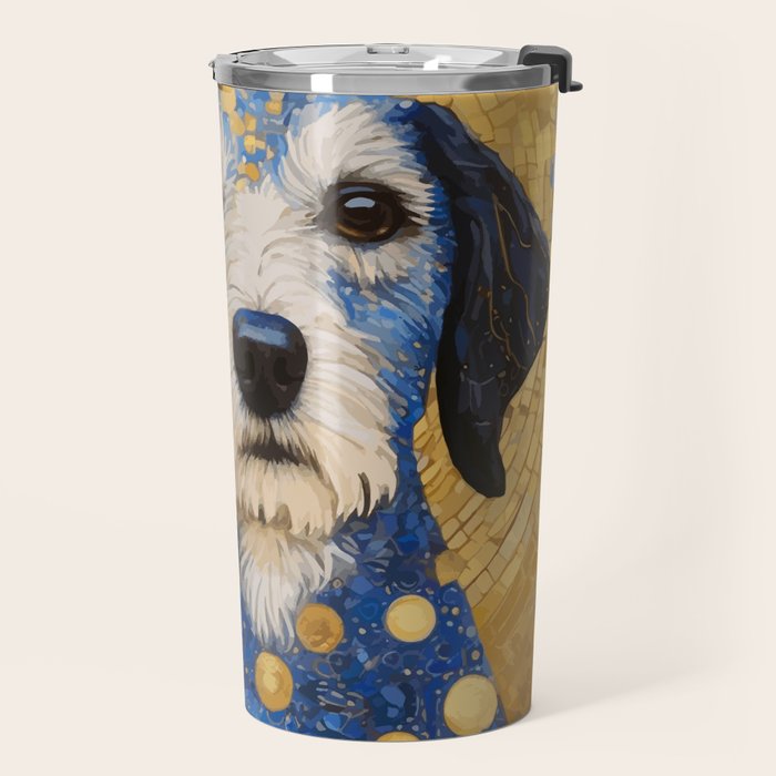 Gustav Klimt Style Dog with Blue and Gold Costume Travel Mug Gallery Image 2
