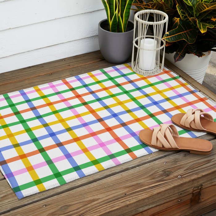 Colorful plaid line grid pattern Outdoor Rug Gallery Image 2