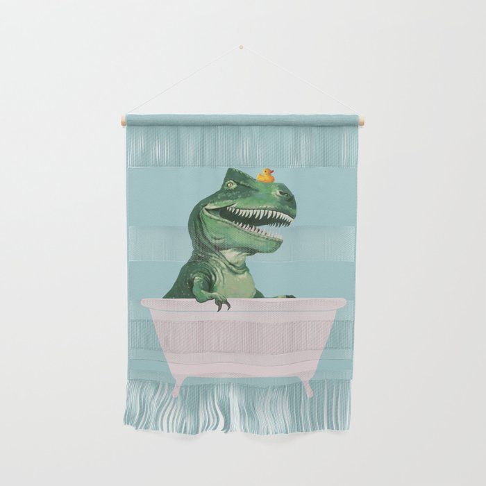Playful T-Rex in Bathtub in Green Wall Hanging Gallery Image 1