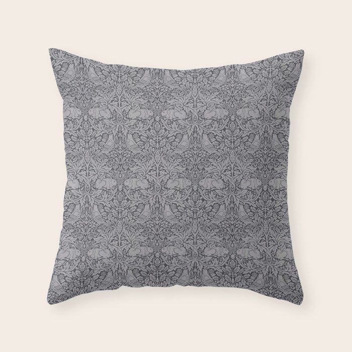 William Morris Brer Rabbit Ink Silver Vintage Pattern Throw Pillow Gallery Image 6