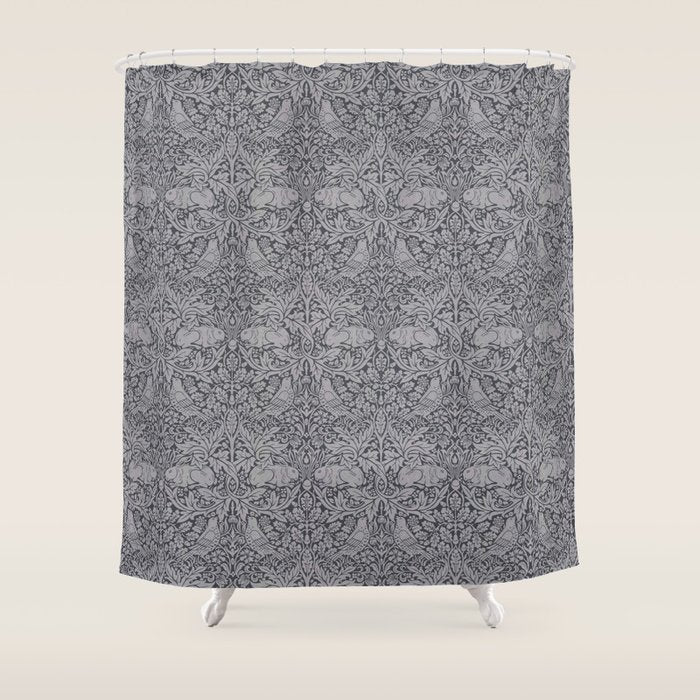 William Morris Brer Rabbit Ink Silver Vintage Pattern Shower Curtain Gallery Image 1