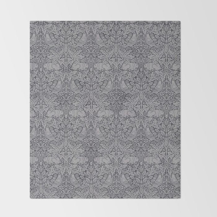 William Morris Brer Rabbit Ink Silver Vintage Pattern Throw Blanket Gallery Image 2