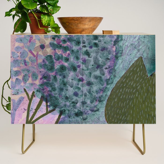 Garden Lilac Flower Painting in Teal & Pink Credenza Gallery Image 1