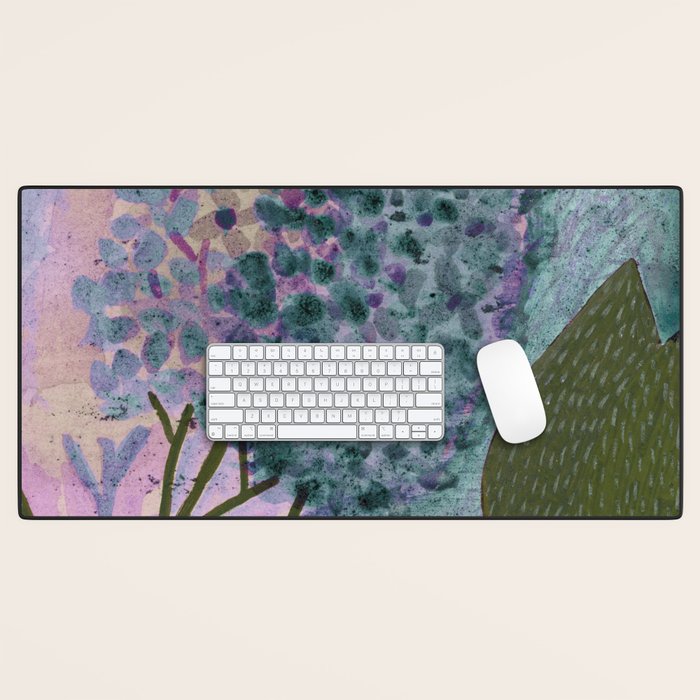 Garden Lilac Flower Painting in Teal & Pink Desk Mat Gallery Image 1