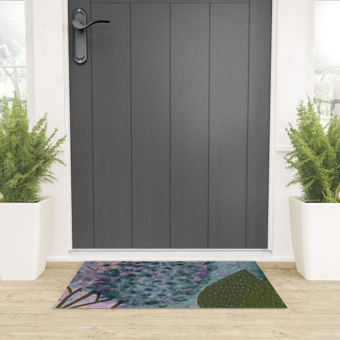 Garden Lilac Flower Painting in Teal & Pink Welcome Mat Gallery Image 3