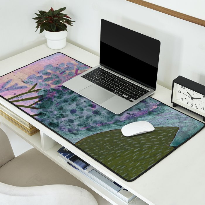 Garden Lilac Flower Painting in Teal & Pink Desk Mat Gallery Image 2