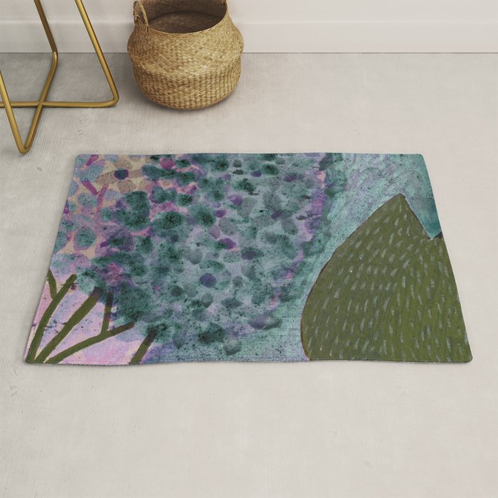 Garden Lilac Flower Painting in Teal & Pink Rug Gallery Image 1