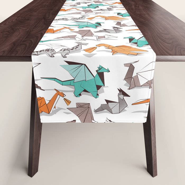 Origami dragon friends // white background aqua orange grey and taupe fantastic creatures Table Runner Gallery Image 1