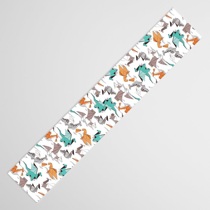 Origami dragon friends // white background aqua orange grey and taupe fantastic creatures Table Runner Gallery Image 3