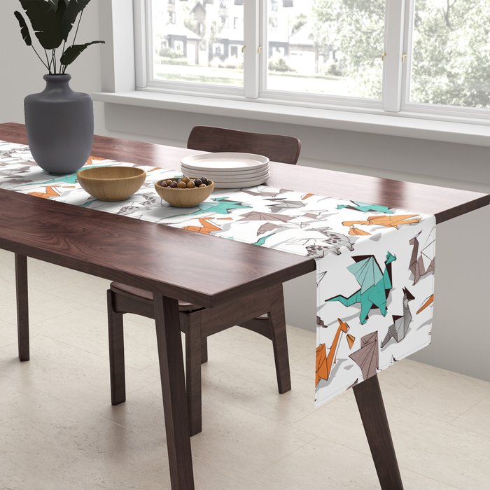 Origami dragon friends // white background aqua orange grey and taupe fantastic creatures Table Runner Gallery Image 2