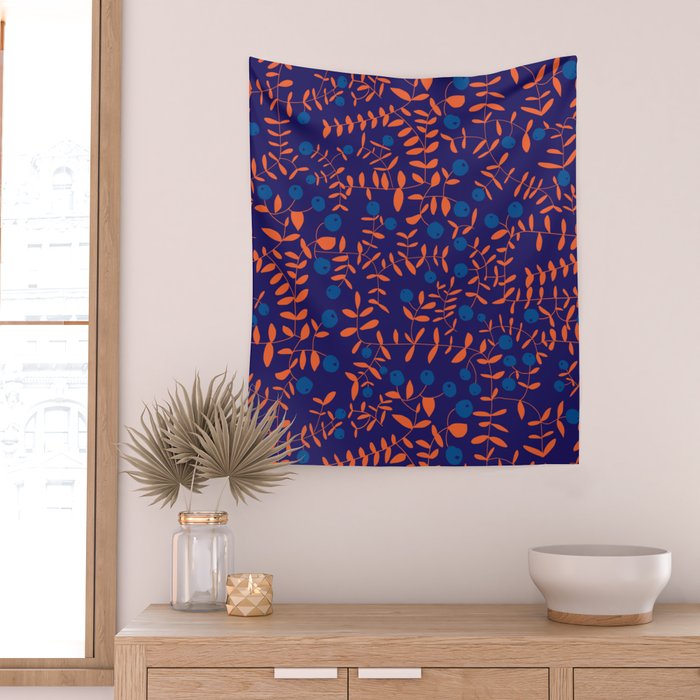 Block print berries blue Wall Tapestry Gallery Image 2