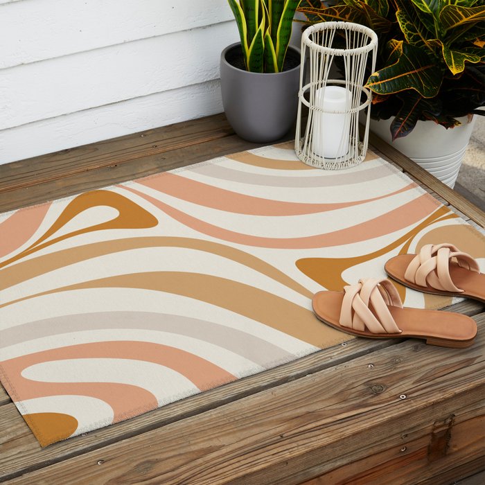 New Groove Retro Swirls Abstract Pattern in Pale Boho Blush Apricot Sand Outdoor Rug Gallery Image 2