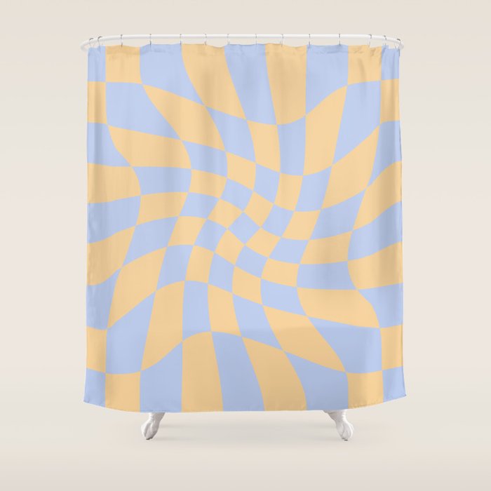 Wavy Check - Blue And Yellow - Checkerboard Pattern Print Shower Curtain Gallery Image 1