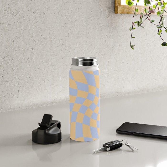 Wavy Check - Blue And Yellow - Checkerboard Pattern Print Water Bottle Gallery Image 4