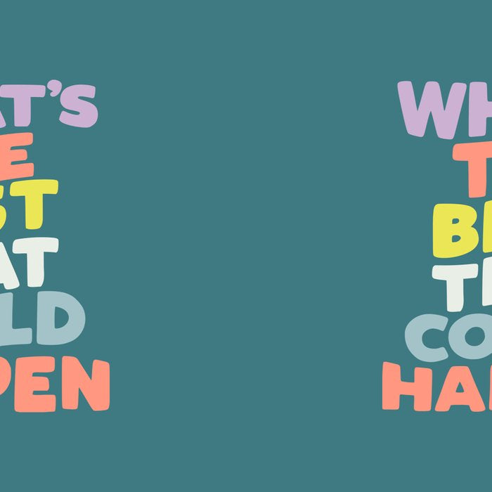 Whats The Best That Could Happen typography print in green, lilac, orange and yellow Coffee Mug Gallery Image 2