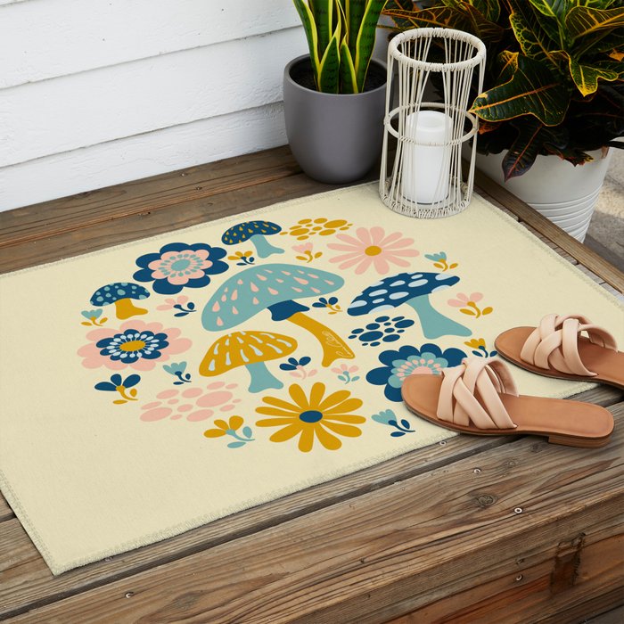 Magical Woodland Floral With Mushrooms Outdoor Rug Gallery Image 2