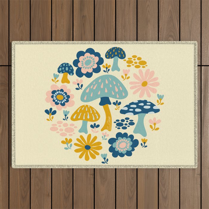 Magical Woodland Floral With Mushrooms Outdoor Rug Gallery Image 1