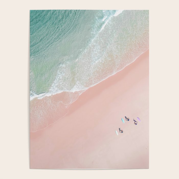 Surf Yoga II - Aerial Pink Beach Print - Ocean - Sea Travel photography by Ingrid Beddoes Poster Gallery Image 1