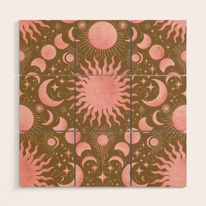 Dusty Pink Boho Celestial Wood Wall Art Gallery Image 1
