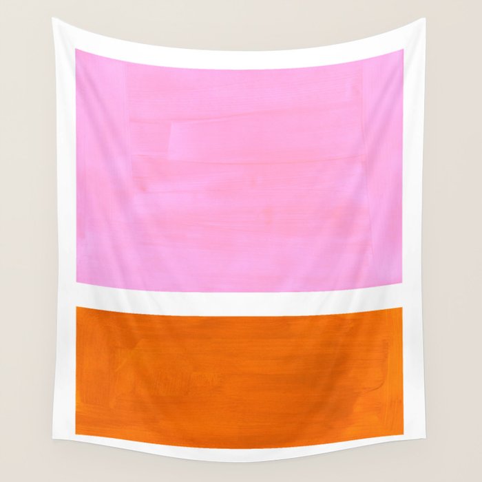 Pastel Neon Pink Yellow Ochre Mid Century Modern Abstract Minimalist Rothko Color Field Squares Wall Tapestry Gallery Image 1