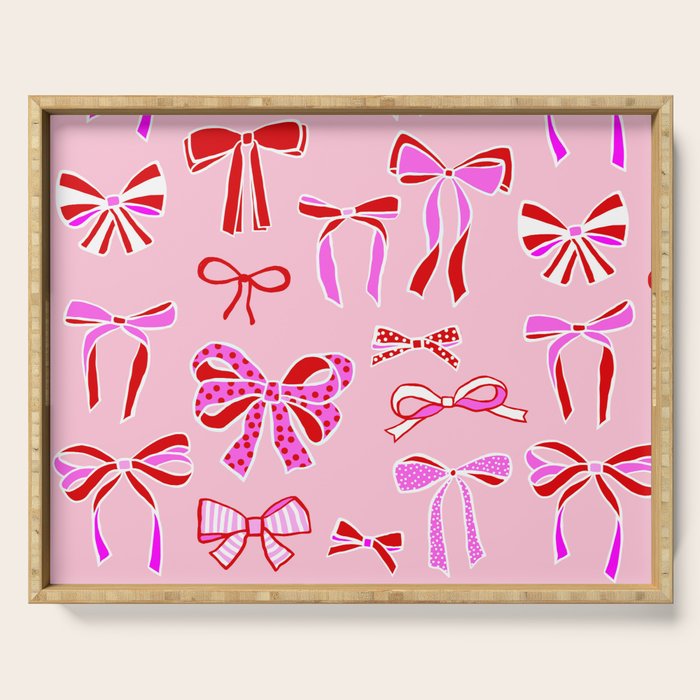 Festive Pink and Red Christmas Ribbons and Bows hand drawn Collection on Pastel Pink Serving Tray Gallery Image 1