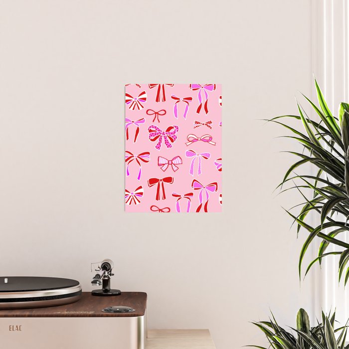 Festive Pink and Red Christmas Ribbons and Bows hand drawn Collection on Pastel Pink Poster Gallery Image 2