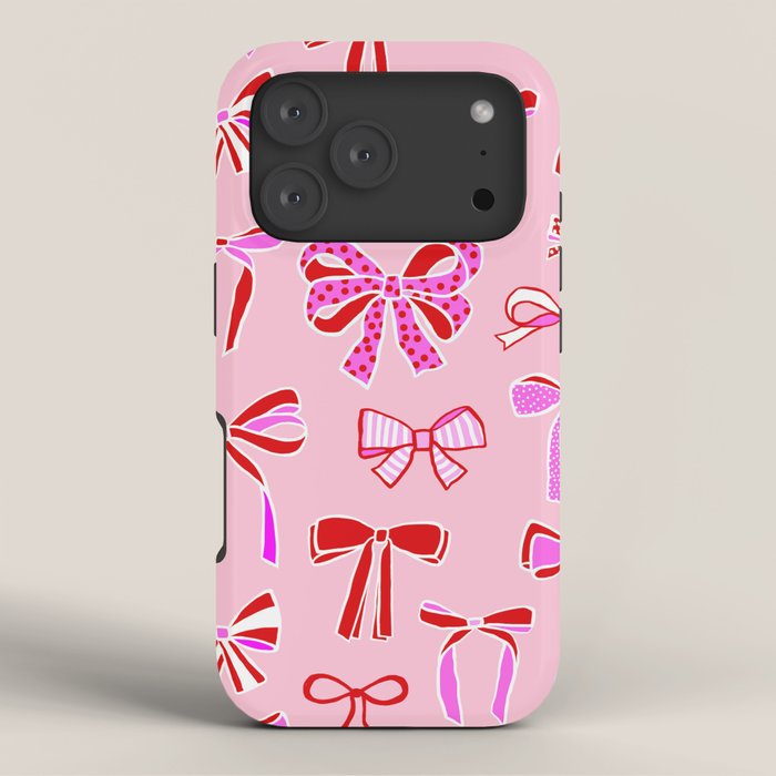 Festive Pink and Red Christmas Ribbons and Bows hand drawn Collection on Pastel Pink iPhone Case Gallery Image 3