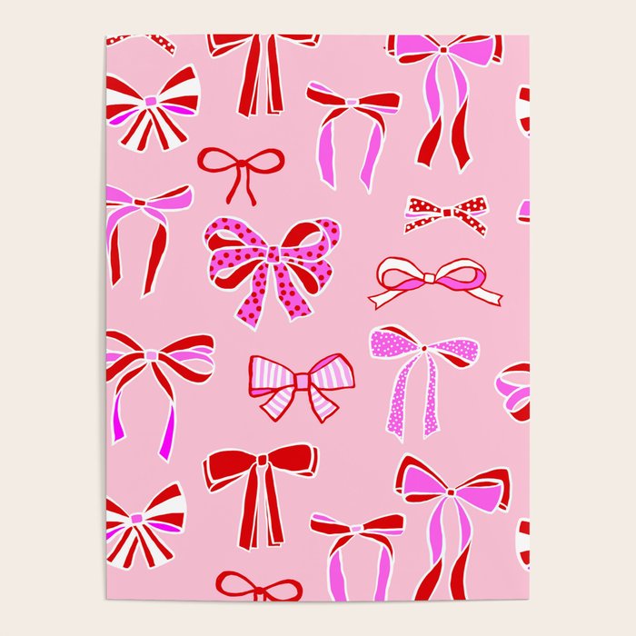 Festive Pink and Red Christmas Ribbons and Bows hand drawn Collection on Pastel Pink Poster Gallery Image 1