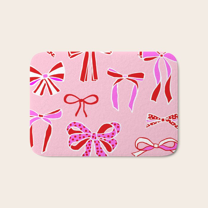 Festive Pink and Red Christmas Ribbons and Bows hand drawn Collection on Pastel Pink Bath Mat Gallery Image 1