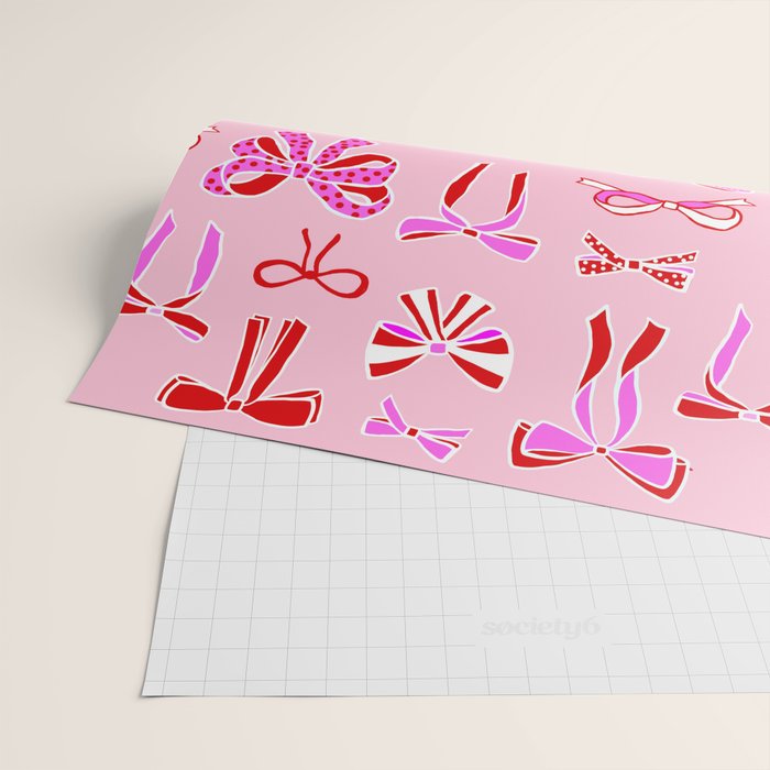 Festive Pink and Red Christmas Ribbons and Bows hand drawn Collection on Pastel Pink Wrapping Paper Gallery Image 2