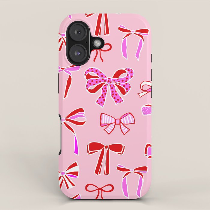 Festive Pink and Red Christmas Ribbons and Bows hand drawn Collection on Pastel Pink iPhone Case Gallery Image 1