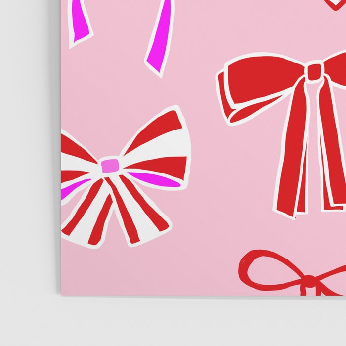 Festive Pink and Red Christmas Ribbons and Bows hand drawn Collection on Pastel Pink Poster Gallery Image 3