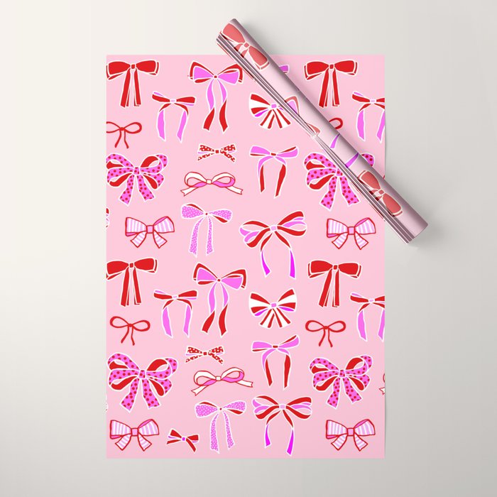 Festive Pink and Red Christmas Ribbons and Bows hand drawn Collection on Pastel Pink Wrapping Paper Gallery Image 1