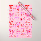 Festive Pink and Red Christmas Ribbons and Bows hand drawn Collection on Pastel Pink Wrapping Paper Gallery Image 1