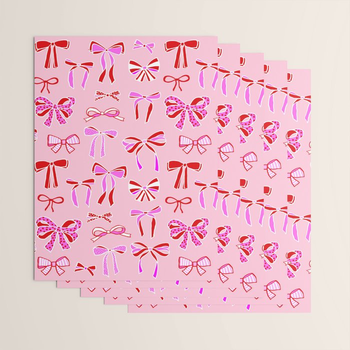 Festive Pink and Red Christmas Ribbons and Bows hand drawn Collection on Pastel Pink Wrapping Paper Gallery Image 3