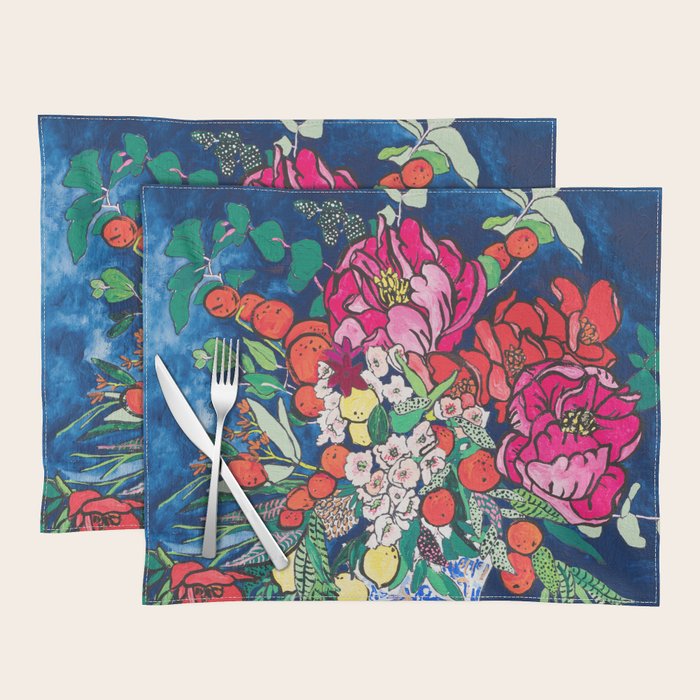 Winter Floral Peony Bouquet in Delft Vase on Dark Navy Blue Painting Placemat Gallery Image 1