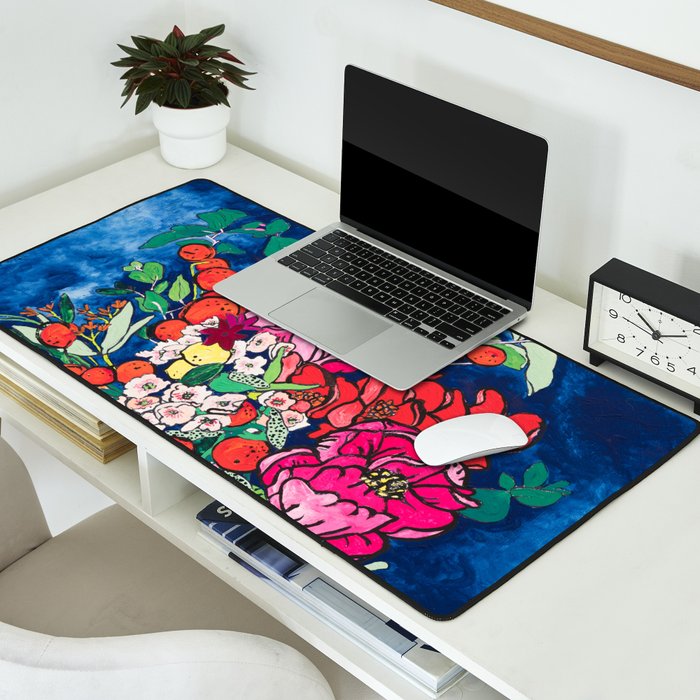 Winter Floral Peony Bouquet in Delft Vase on Dark Navy Blue Painting Desk Mat Gallery Image 2