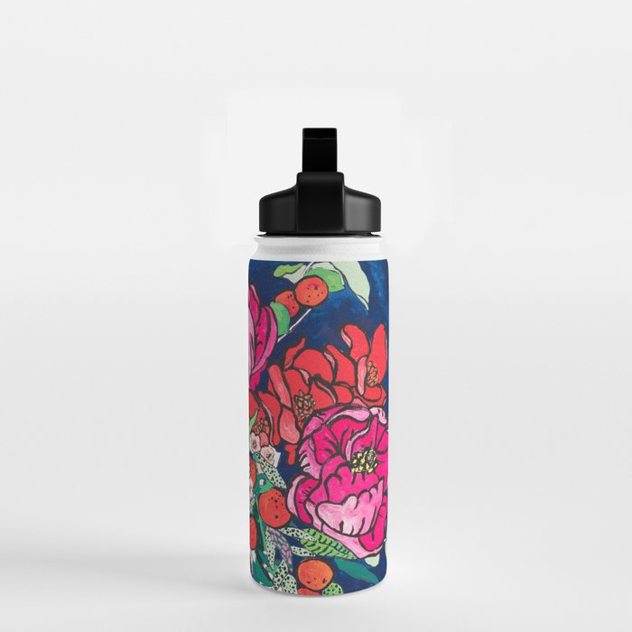 Winter Floral Peony Bouquet in Delft Vase on Dark Navy Blue Painting Water Bottle Gallery Image 2